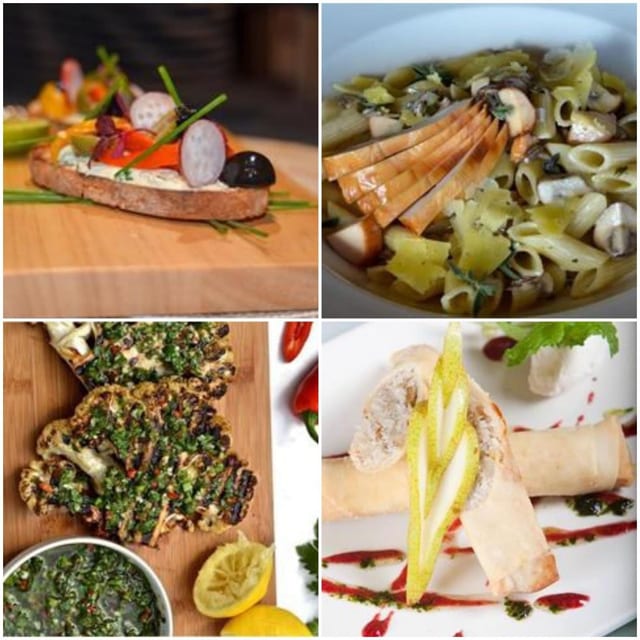 Plated dishes at Café Zest: bruschetta, fresh pasta, grilled flatbread with herb dressing and a crisp filled pastry