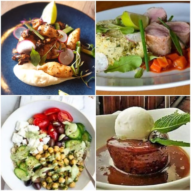 Chicken with pita bread, pork loin on couscous, chickpea Greek salad and pork on mash