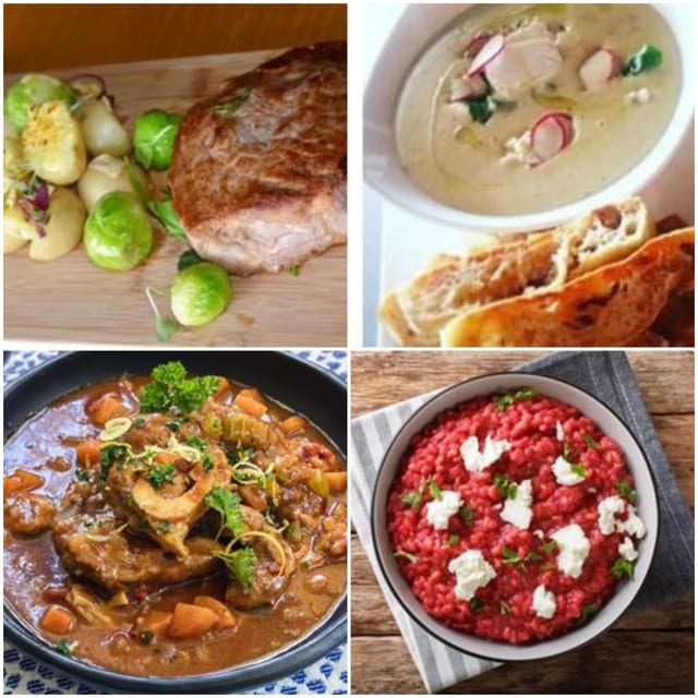 Roast pork with brussels sprouts, soup with flatbread, slow-cooked oxtail stew and tomato risotto with feta