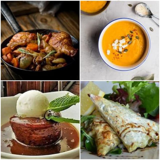 Pan-roasted chicken, butternut soup, pork medallion on mash and a filled crêpe