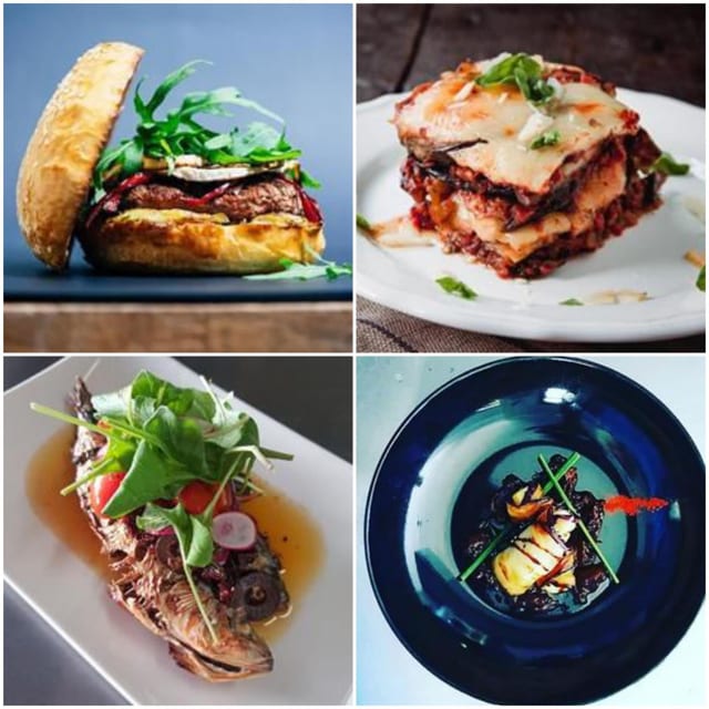 Gourmet burger, layered moussaka, grilled octopus and mussels in a dark bowl