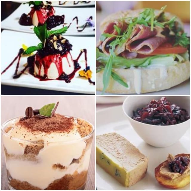 Desserts and starters: berry dessert, cured-meat salad, tiramisu and a sweet duo