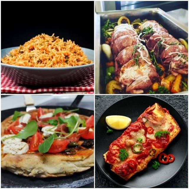 Spiced rice, roast pork with potatoes, tomato flatbread and grilled fish in tomato sauce