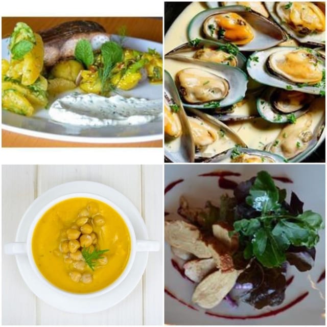 Grilled fish with potatoes, fresh mussels, butternut soup and a plated salad