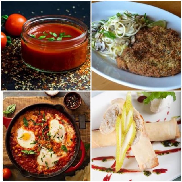 Tomato soup, crumbed schnitzel on noodles, shakshuka in a pan and a plated pastry with ice cream