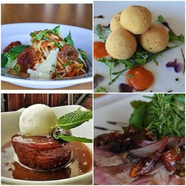 Pasta with chorizo, golden arancini, pork medallion on mash and seared beef with dates