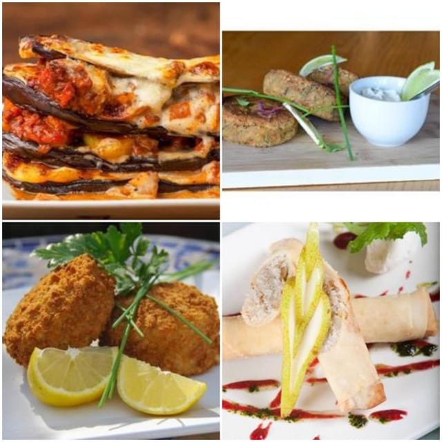 Layered moussaka, herb fritters with dip, crumbed croquettes with lemon and a filled pastry